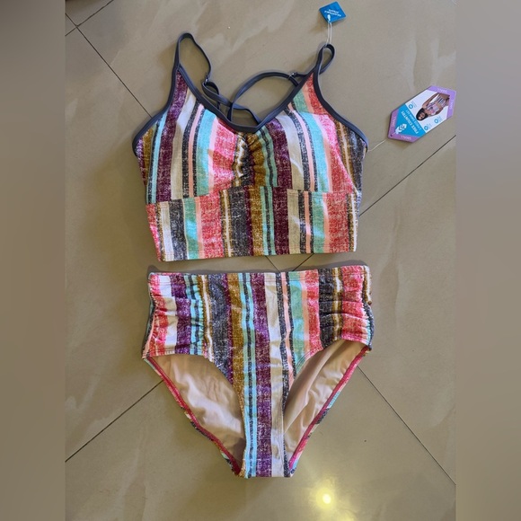 Free Country Striped Retro Bikini Swimsuit front High Waist High Cut Legs S-4/6 - Picture 2 of 14